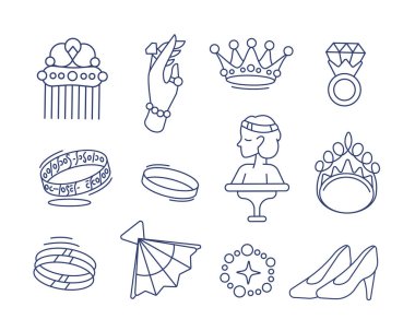 Güzellik ve mücevher teması üzerine vektör simgeleri: tarak, yüzük, taç, diyabet, fan, yüzük, ayakkabı vb. Çizgi ve karalama biçiminde.