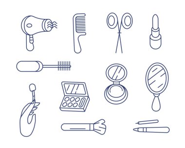 Güzellik teması üzerine bir dizi vektör simgesi: saç kurutma makinesi, tarak, makas, ruj, rimel, ayna, kozmetik çanta, vb. Çizgi ve karalama biçiminde.