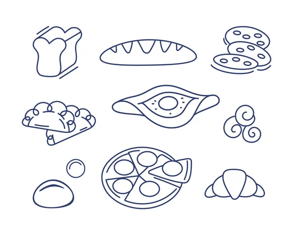 一组关于面团食物主题的矢量图标 纸杯蛋糕 羊角面包 面包等 排成直线和涂鸦风格 — 图库矢量图片