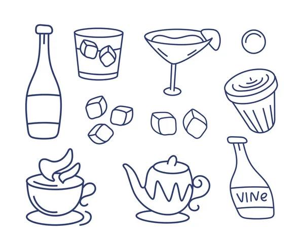 Set Vector Icons Theme Drinks Wine Bottle Cocktail Teapot Tea — Stock Vector