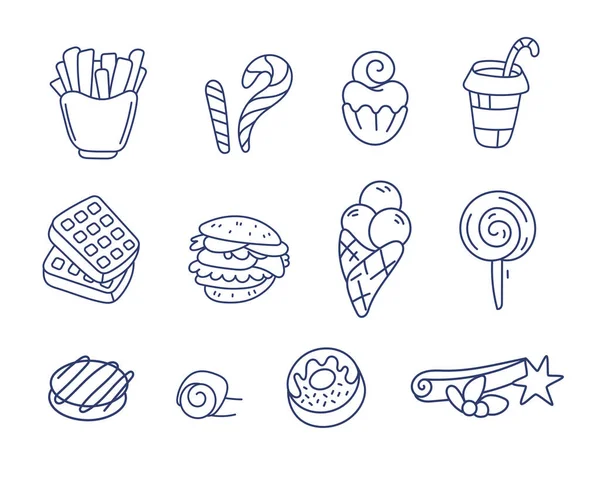 一组关于快餐主题的矢量图标 汉堡包 甜甜圈 棒棒糖 冰淇淋 华夫饼等 排成直线和涂鸦风格 — 图库矢量图片