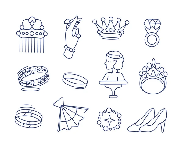 Set Vector Icons Theme Beauty Jewelry Comb Ring Crown Diadem — Stock Vector
