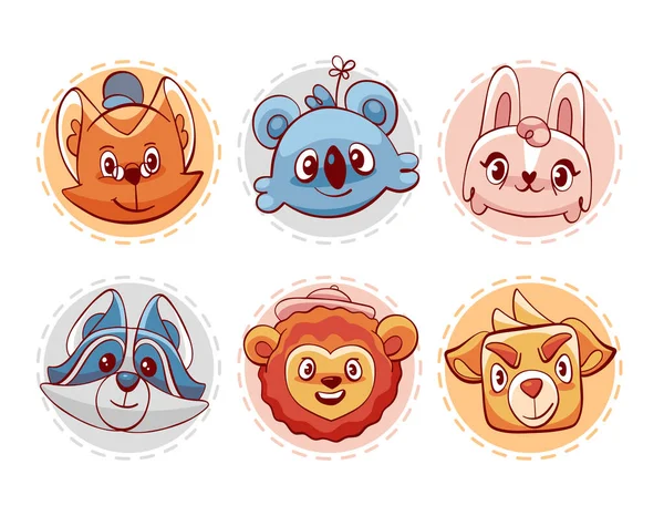 Vector Avatar Stickers Cute Cartoon Animal Characters Lion Rabbit Cat — Stock Vector