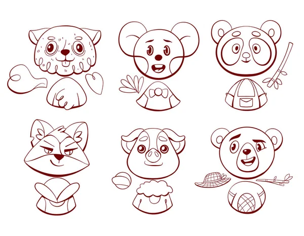 Conjunto Personagens Vetoriais Animais Bonitos Porco Panda Urso Rato Raposa —  Vetores de Stock