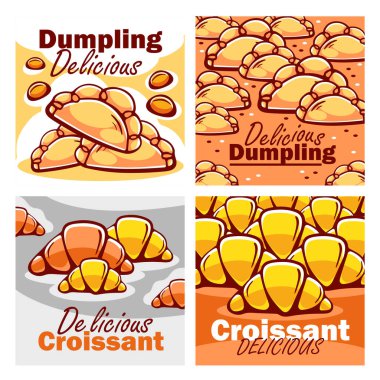 Pastane vektör posteri seti, ekmek, kruvasan, bisküvi, hamur tatlısı, khachapuri, çay, baharat, çizgi film tarzında kek..