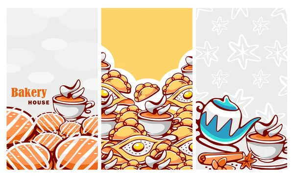 Eine Reihe Von Vektormustern Cartoon Stil Zum Thema Kuchen Tee — Stockvektor