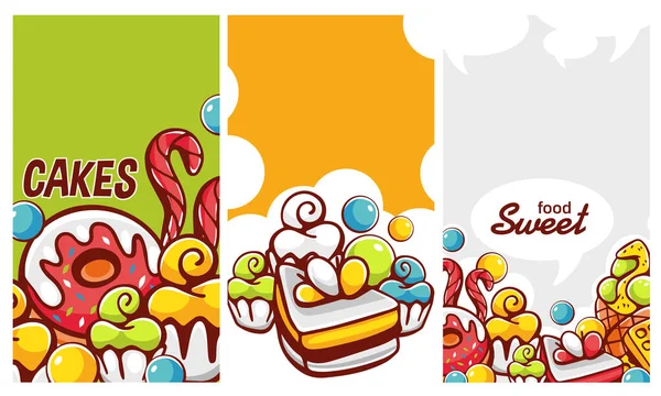 お菓子やレタリングをテーマにした漫画風のベクトルパターンのセット — ストックベクタ