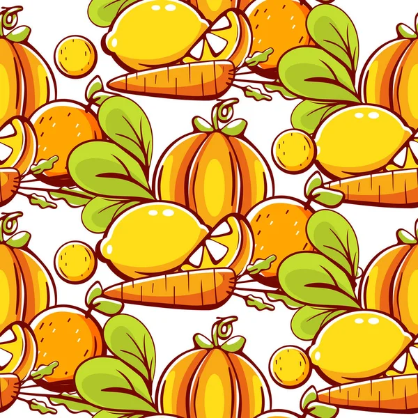 Patrón Vectorial Estilo Dibujos Animados Con Zanahorias Calabazas Limón — Vector de stock