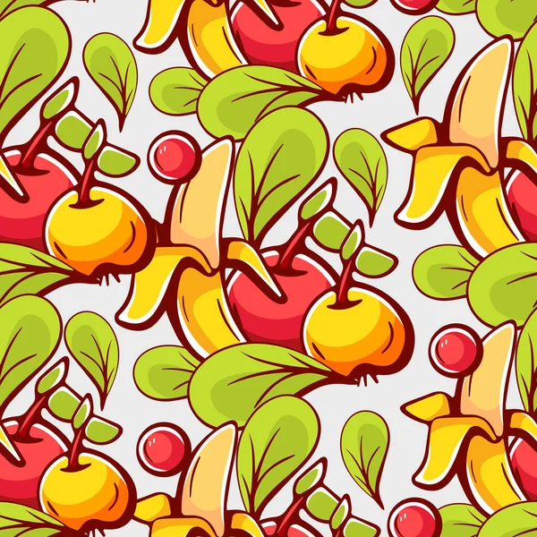 带有水果 香蕉和苹果的卡通风格病媒图案 — 图库矢量图片