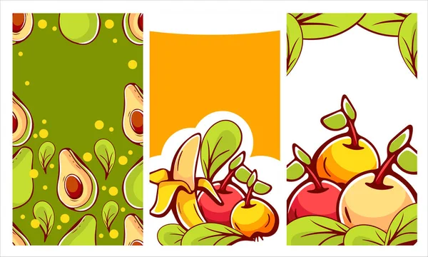 一组以水果 苹果和鳄梨为主题的卡通漫画式矢量图案 — 图库矢量图片