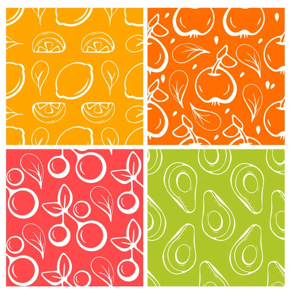 Set Vector Patterns Theme Fruits Lemon Avocado Apple Cherry Line — Stock Vector