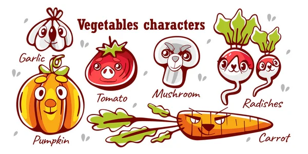 Vector Personajes Dibujos Animados Verduras Calabaza Ajo Tomate Champiñones Rábano — Vector de stock