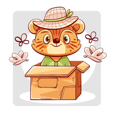 Kutuda sevimli bir kaplan ve çizgi film tarzında kelebekler..