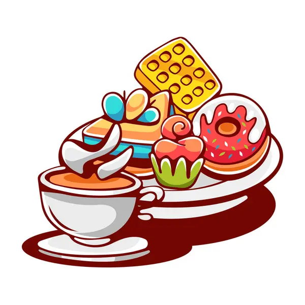 Çizgi film tarzında şeker ve kahve seti, waffle, çörek, pasta, pasta..