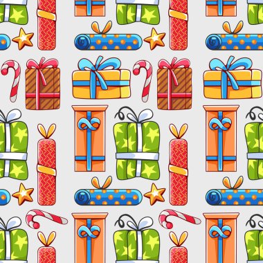 Kış ve Noel temalı vektör deseni şirin bir çizgi film tarzında hediyelerle.