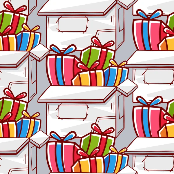 Modèle Vectoriel Avec Des Boîtes Cadeaux Dans Style Dessin Animé — Image vectorielle