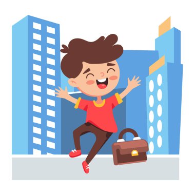 Şehir manzarası arasında sevimli bir karikatür tarzında neşeli bir adamın vektör çizimi.