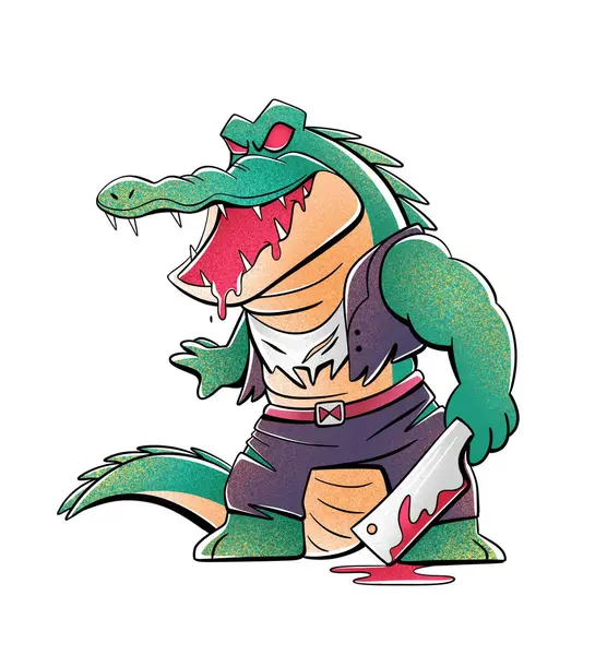 Cartoon character crocodile maniac with a big butcher knife.