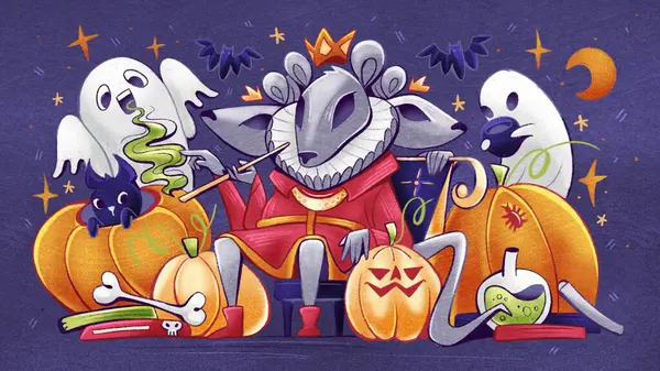 Illustration Mouse King His Retinue Ghosts Devils Pumpkins Cartoon Kawaii — Stock Photo, Image