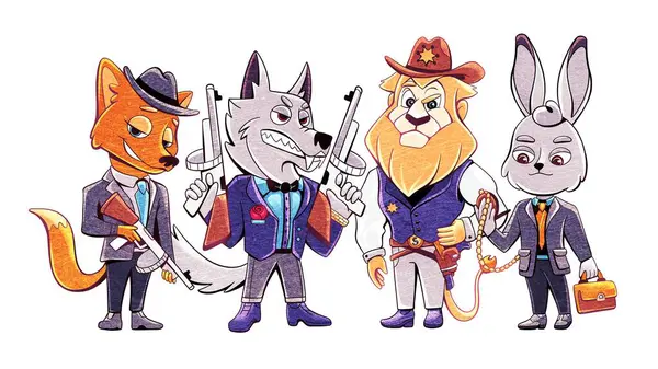 Cartoon characters for the mafia game: gangster fox, leader wolf, sheriff lion and citizen hare.