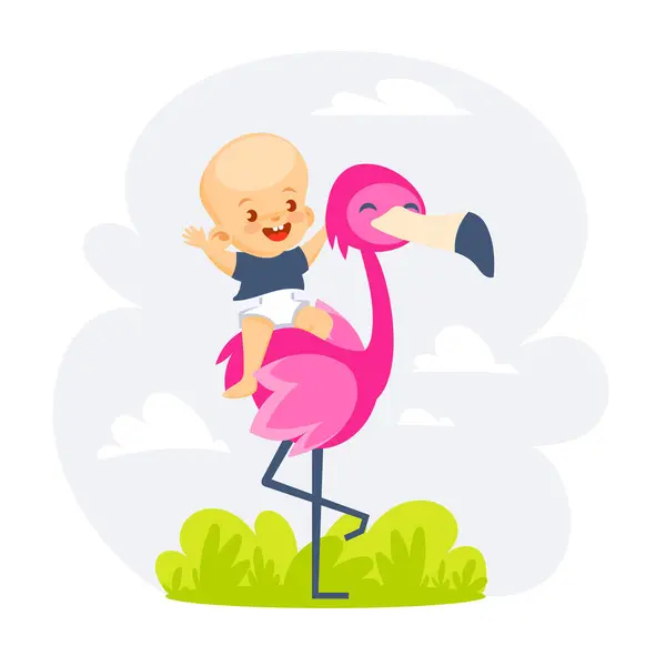 Illustration Human Baby Sitting Astride Flamingo Cute Cartoon Style — Stock Vector