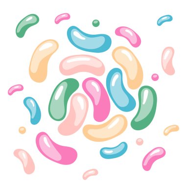 Tatlı bir çizgi film tarzında renkli jöleli şeker lolipoplarının görüntüleriyle arka planda.