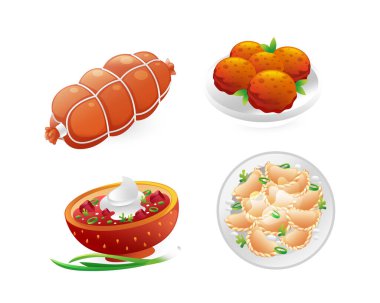 Ukrayna yemek ikonları, borş, Kiev pirzolası, sosis, hamur tatlısı seti, 3 boyutlu olarak gerçekçi..