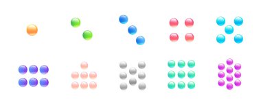 Birden ona kadar çok renkli top grupları şeklinde sayıların bir dizi görüntüsü. Çocuklara sayma ve aritmetik öğretmek için uygun.