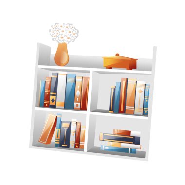 Kitaplıklar, kitaplar ve bir vazo çiçeğin canlandırılması, 3 boyutlu olarak gerçekçi..