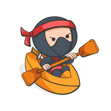 Şirin bir çizgi film tarzında kanoyla gezen bir ninja tasviri.