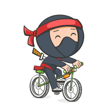 Illustration of a ninja riding a bike in a cute cartoon style. clipart