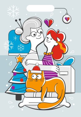 Büyükannemin sevimli çizgi film tarzında torununa ve kedisine sarıldığı bir resim..