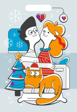 Çizgi film tarzında bir kızla bir kediyi kucaklayan bir adam tasviri.