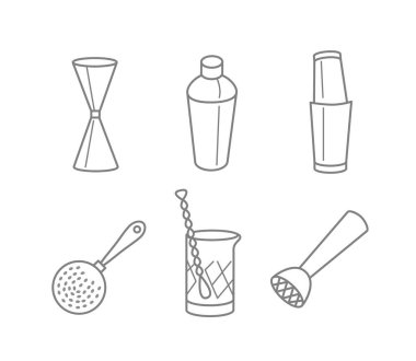 Bar tools line icons, making cocktails, Mixing Glass, Bar Spoon, Shaker, Strainer, Jigger, Muddler in line style.