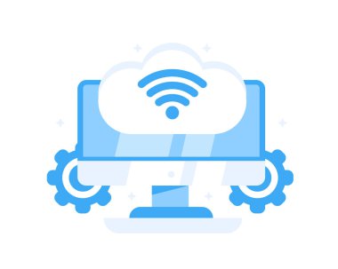 Monitör, vites, bulut depolama sembolleri ve düz stil wi-fi resimleri.