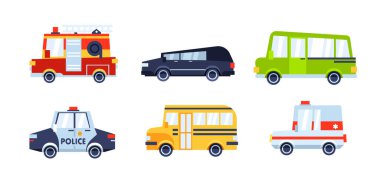 Şehir içi oyuncak seti. Modern otomobiller, otomobiller ve yolcu vagonları. Okul otobüsü, itfaiye aracı, polis, beyaz arka planda çizgi film yassı ikonlarıyla ambulans..