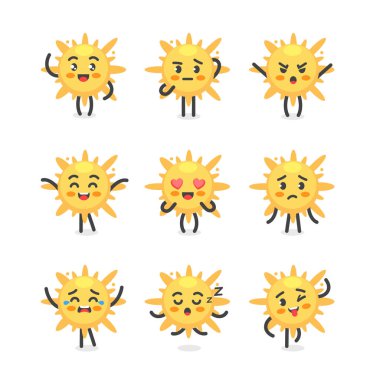 Güneş karakteri ve duygular set, enerji, spor, sağlık ve yaz maskotu çizgi film kawaii tarzı