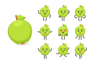 Apple karakteri kawaii tarzında poz ve duygu seti, sağlık, beslenme ve bilgi maskotu