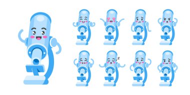 Mikroskop komik mavi çizgi film karakteri, farklı pozlar ve duygular, biyoloji, kimya, bilim maskotu.