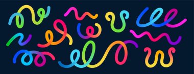 Renk Gradyan Çizgi Şekilleri. Soyut Neon Dalgalı Kurdeleler. Gökkuşağı Spiral Tasarım Elementleri Kara Arkaplan