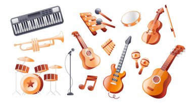 Müzik aletleri, senfoni orkestrası. Gitar, Trompet, Sentezleyici, Davul, marakas, saksafon, keman, mikrofon, Ukulele, Elektro Gitar, Flüt, Ksilofon ve diğerleri. Gerçekçi 3B izometrik vektör