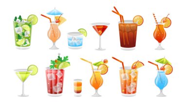 Kokteyl koleksiyonu gerçekçi 3 boyutlu bar içkileri. Bardaklarda ve dekorasyonlarda farklı alkollü içecekler..