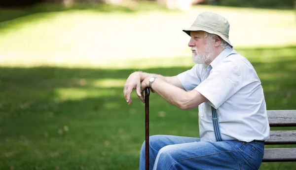 Homme Âgé Assis Dans Parc Contemplant — Photo