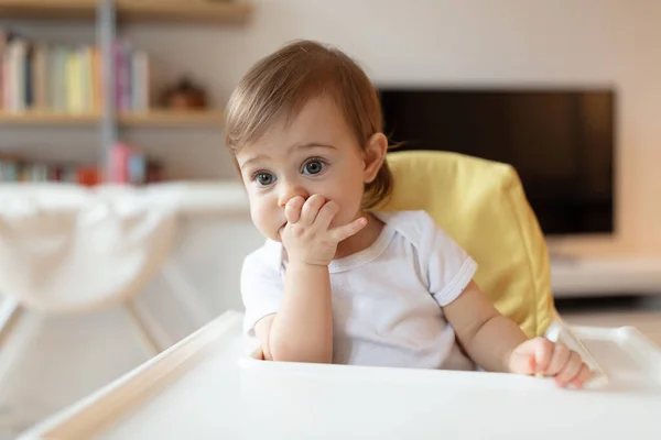 Adorable One Year Old Child Sitting Highchair Having Snack Shallow — Stock Photo, Image