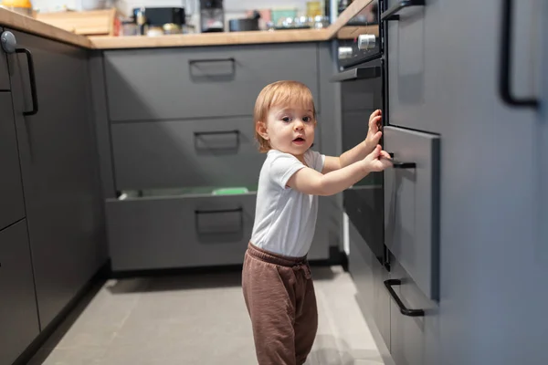 Porträt Eines Entzückenden Einjährigen Kindes Beim Öffnen Der Küchenschublade Geringe — Stockfoto