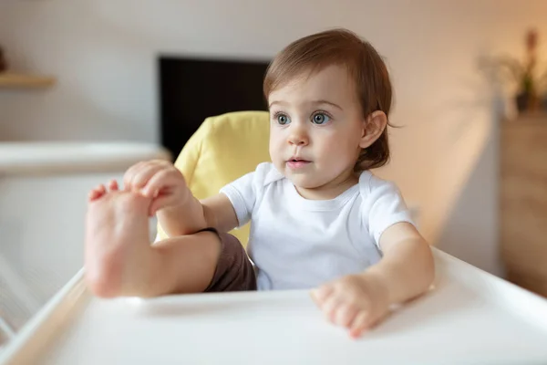 Liebenswertes Einjähriges Kind Das Hochstuhl Sitzt Und Spielt Geringe Schärfentiefe Stockbild