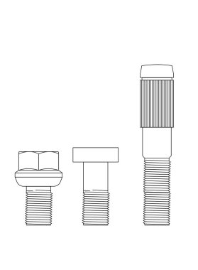 Beyaz arka planda üç farklı tip otomotiv çivisi çizildiğinde, çivi daha fazla güvenlik sağlamak için otomobil lastiklerinde bulunan bağlanma unsurudur.