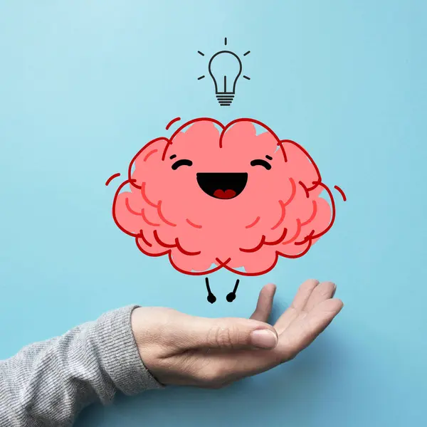 İnsan eli ampullü çizgi film beyni. Fikir, yaratıcılık ve ilham kavramı.