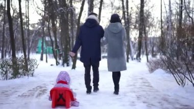 Arkaya bakan mutlu, genç ebeveynler kış parkında yürüyorlar ve çocuk konuşmalarıyla kızak çekiyorlar. Beyaz adam ve kadını sevmenin geniş bir görüntüsü. Boş zamanların tadını çıkarıyor. Bebek kızakta oturuyor.