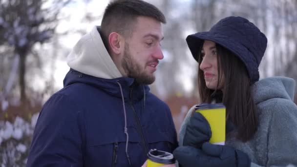 Genç Beyaz Bir Çift Kış Parkında Sıcak Kahve Içerek Konuşuyor — Stok video
